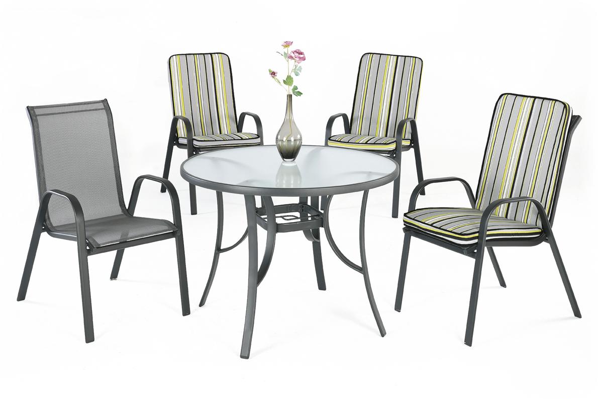 Conjunto de acero color antracita: mesa redonda de 105 cm, con tapa de cristal templado + 4 sillones apilables de acero y textilen